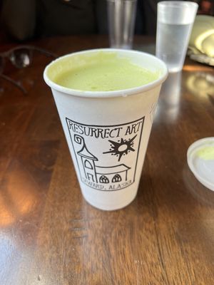 Matcha latte with oat milk  at Resurrect Art Coffee House & Gallery in Seward