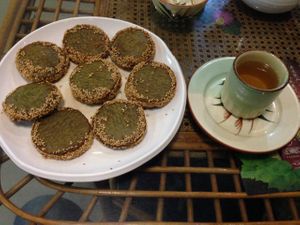 green tea cakes and tea at Vege Zen in Guangzhou
