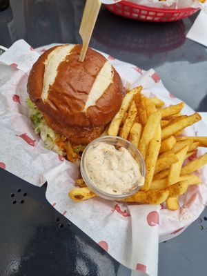 Buffalo fried chick'n burger, fries, and truffle mayo at The Tavern in Prague