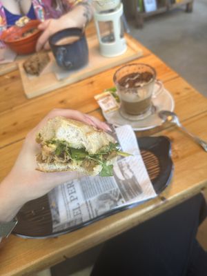 Rockefeller topping on Bianca bread  + cappuccino  at Shanao Cafe in Malaga
