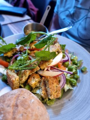 Chicken salad without chicken but with falafel, and an oily dressing at Café Storm in Aabenraa