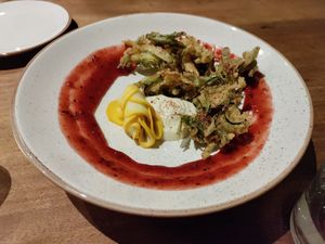 Daily special of fried courgette with a cream and jam sauce at Botanique in Hove