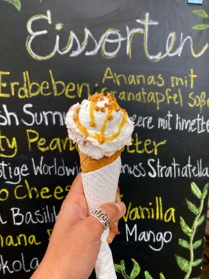 Prestige worldwide (coconut) with topping of caramel and hazelnut. (Toppings are free of charge)  at Green Scoop Vegan in Berlin