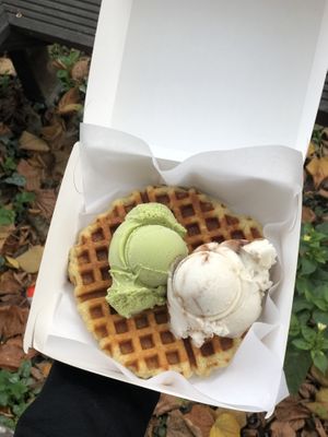 waffle with matcha and banana ice cream  at Green Scoop Vegan in Berlin