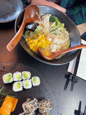 Mushroom ramen, bland and used silken tofu which was unseasoned  at Shinsen Sushi- Broughton St. in Edinburgh