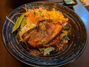 Aubergine and Pak Choi teriyaki bowl at Shinsen Sushi- Broughton St. in Edinburgh