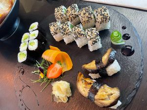 3 different sushi options on the large plate  at Shinsen Sushi- Broughton St. in Edinburgh