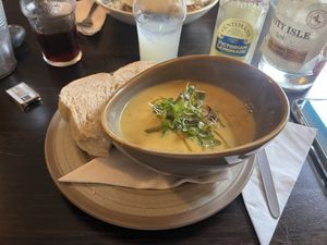 Cauliflower soup with coconut milk and sourdough bread  at The Old Inn & Waterfront Bunkhouse in Isle Of Skye