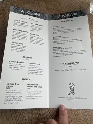 menu  at La Poblana in Reykjavik