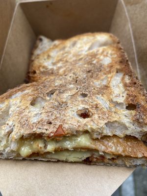 Toastie with salami, made with huge slices of sourdough bread. It was quite tasty, but the tomato tapenade wasn’t enough veggie for me. at Margo's Amsterdam - Jordaan in Amsterdam