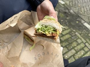 HOISIN LUCK
Asian Spiced Seitan, Margo’s Hoisin sauce, lettuce, spring onions, cucumbers,pickled red chilli peppers & our chilli mayo   at Margo's Amsterdam - Jordaan in Amsterdam