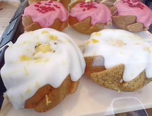 Raspberry cheesecake and lemon/poppyseed cakes: too firm. The lemon cake is more flavoursome than the raspberry cake.  at Margo's Amsterdam - Jordaan in Amsterdam