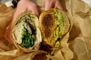 Portobello mushroom, spinach and blue cheese on white and satay meat substitute with a pickled salad on wholemeal. #Veganuary at Margo's Amsterdam - Jordaan in Amsterdam