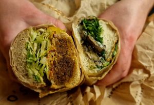 Satay meat substitute with a pickled salad on wholemeal and Portobello mushroom, spinach and blue cheese on white. #Veganuary at Margo's Amsterdam - Jordaan in Amsterdam
