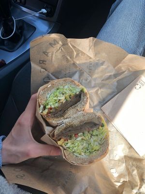 Sandwich with some type of (not very exciting) seitan on a whole wheat bun  at Margo's Amsterdam - Jordaan in Amsterdam