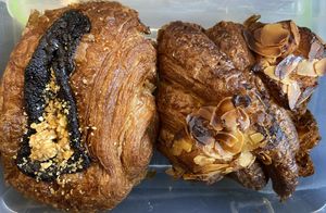 Double-baked croissants with hazelnut/chocolate and almond. They were more chewy than flakey and also overbaked, which I pitied. The chocolate filling tasted dark, so I missed the hazelnut. at Margo's Amsterdam - Jordaan in Amsterdam
