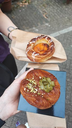 Apricot almond Danish and pistachio rose brioche at Margo's Amsterdam - Jordaan in Amsterdam