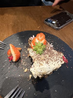Vegan tiramisu with organic strawberry   at Unique (V) Pizzeria SUKHASANA in Osaka