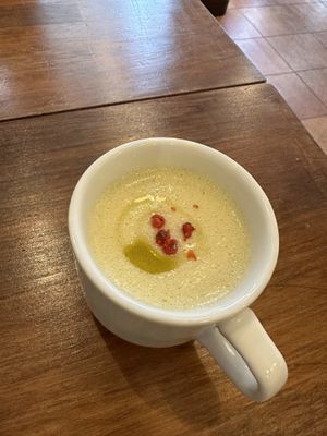 Potato soup  at Unique (V) Pizzeria SUKHASANA in Osaka
