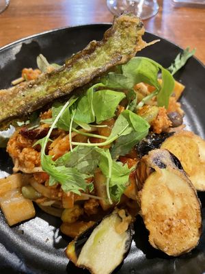 Pasta chili soymeat and seasonal vegetables with organic tomato sauce  at Unique (V) Pizzeria SUKHASANA in Osaka