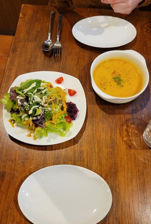 Salad and soup at Unique (V) Pizzeria SUKHASANA in Osaka