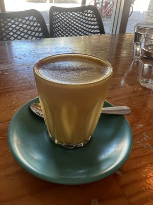 Turmeric latte with soy milk  at Chalkys Espresso Bar in Fremantle
