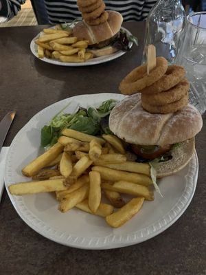 Falafel and spinach burger with fries and onion rings  at The Lochy in Fort William