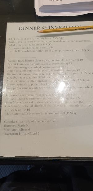Dinner menu at Inveroran Hotel in Bridge Of Orchy