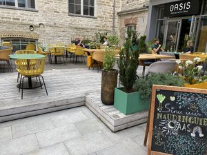 Outdoor seating, back   at Vegan Oasis in Tallinn