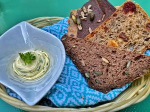 The cute little bread basket that they give with the meal. at Vegan Oasis in Tallinn