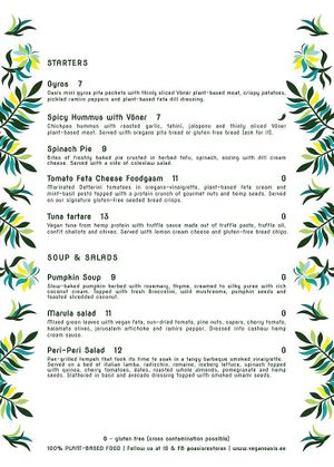 menu: starters  at Vegan Oasis in Tallinn
