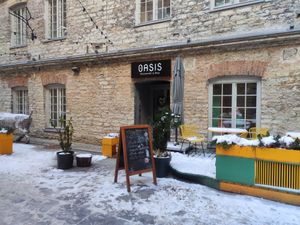 Outside the restaurant at Vegan Oasis in Tallinn