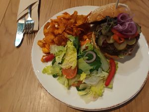 Burger with sweet potato chips/crisps at Vegan Oasis in Tallinn
