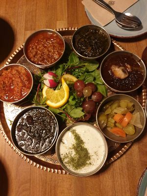Mixed platter for two (soja meat, lentils...) at Aftab Persian Streetfood in Berlin