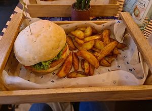 Burger and potato wedges at Flower Burger in Amsterdam