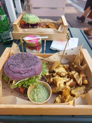 Flower Burger with Cheesy wedges at Flower Burger in Amsterdam