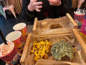 Strawberry shake, cheesy fries, Avocado burger, Breaded aubergines, Oreo shake at Flower Burger in Amsterdam