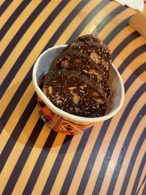 Vegan chocolate ‘salami’ this was incredible 😍  at Flower Burger in Amsterdam