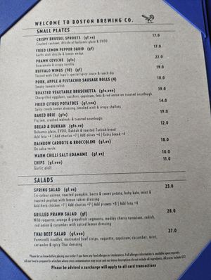 Menu 2 at Boston Brewing Co in Victoria Park