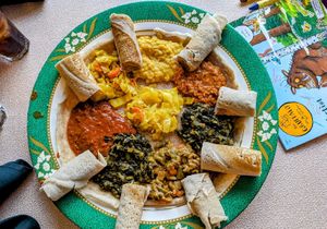 Vegetarian Sampler multiple portions for sharing. at Tana Ethiopian Cuisine in Pittsburgh