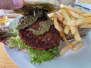 Pesto sauce, they confirmed that it doesn’t contain any cheese and is vegan! at Gaststätte Altenrath in Marialinden
