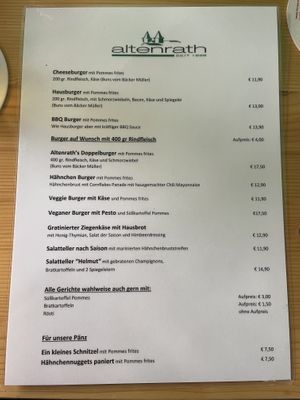 Menu with vegan burger at Gaststätte Altenrath in Marialinden