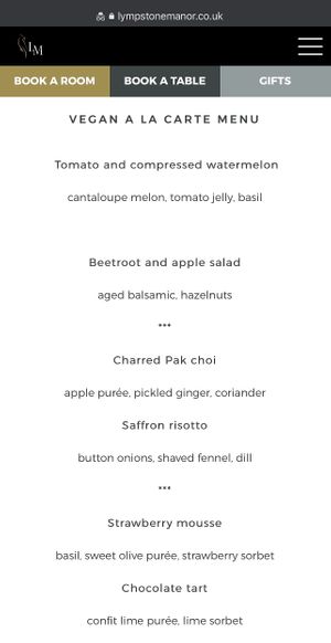 Sample vegan menu, vegetarian menu also available at Lympstone Manor in Lympstone