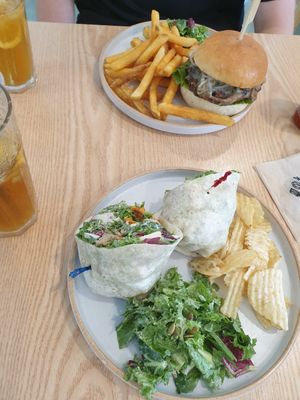 mushroom burger and tofu ceasar wrap at Plant Cafe & Kitchen - Yeonnam in Seoul