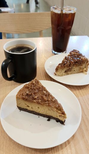 Pumpkin cheesecake and apple crumble cake, coffee at Plant Cafe & Kitchen - Yeonnam in Seoul