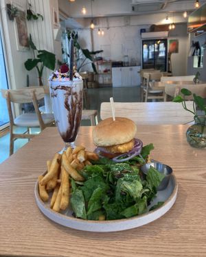 Vegan meat burger and vegan banana split shake  at Plant Cafe & Kitchen - Yeonnam in Seoul