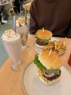 2x plant burgers, banana split milkshake and strawberry milkshake   at Plant Cafe & Kitchen - Yeonnam in Seoul