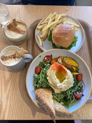 Hummus pumpkin salad, avocado burger and fries, pumpkin spice and gingerbread latte.   at Plant Cafe & Kitchen - Yeonnam in Seoul