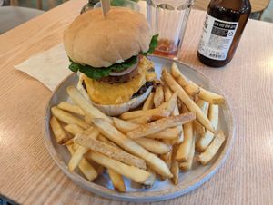 Plant cheeseburger and fries, with the Ark IPA in the background. at Plant Cafe & Kitchen - Yeonnam in Seoul