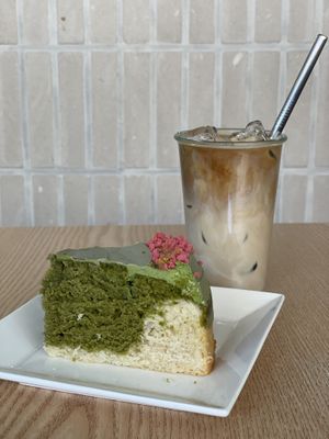 Vanilla matcha cake & ice latte  at Plant Cafe & Kitchen - Yeonnam in Seoul